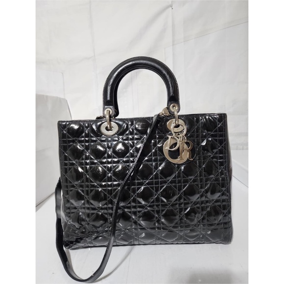 Authentic CHRISTIAN DIOR Patent Cannage Large Lady Dior Satchel Bag Black - Picture 1 of 11